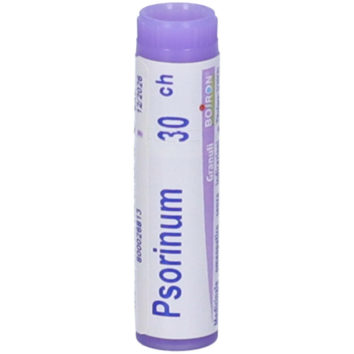 Tubo cilindrico, tappo viola. Scritta: Psorinum 30 ch, BOIRON, EXP 12/2026.