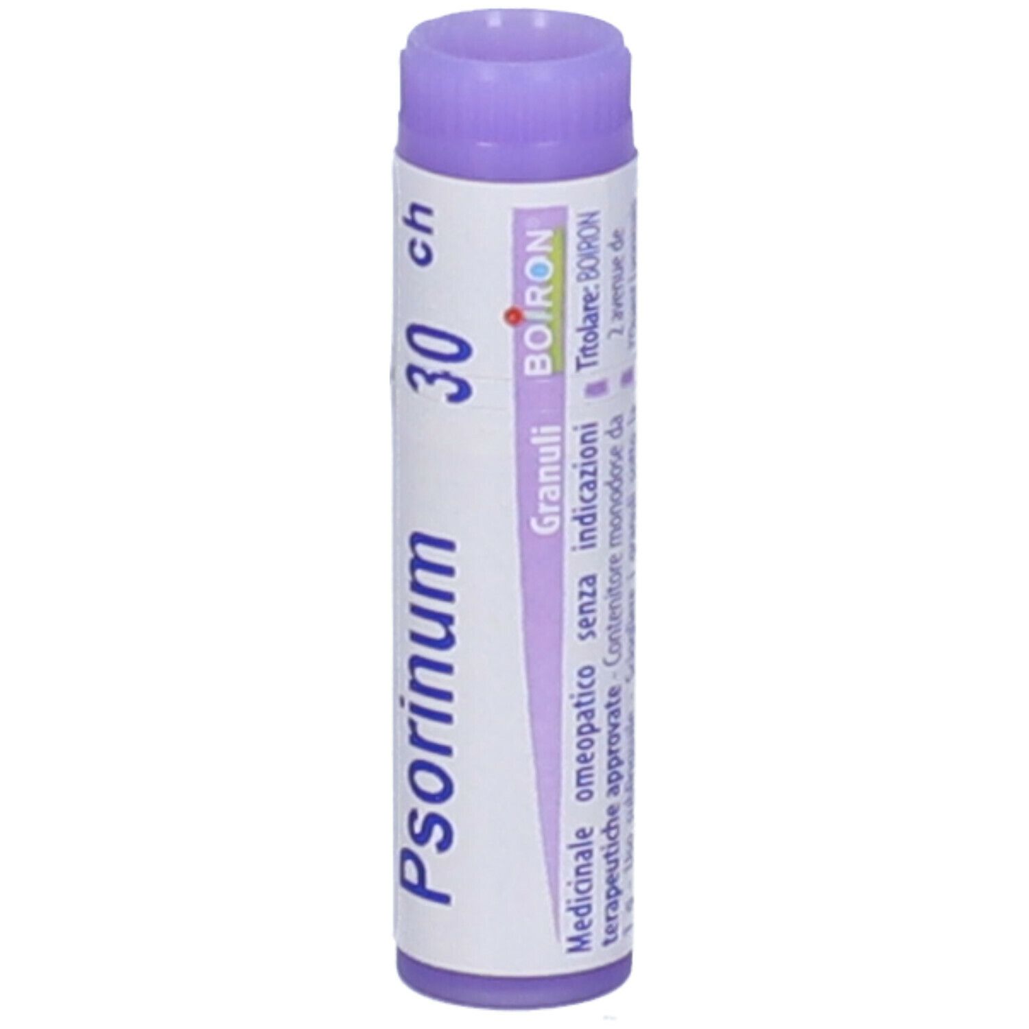 Tubo cilindrico, tappo viola. Scritta: Psorinum 30 ch, BOIRON, Granuli.