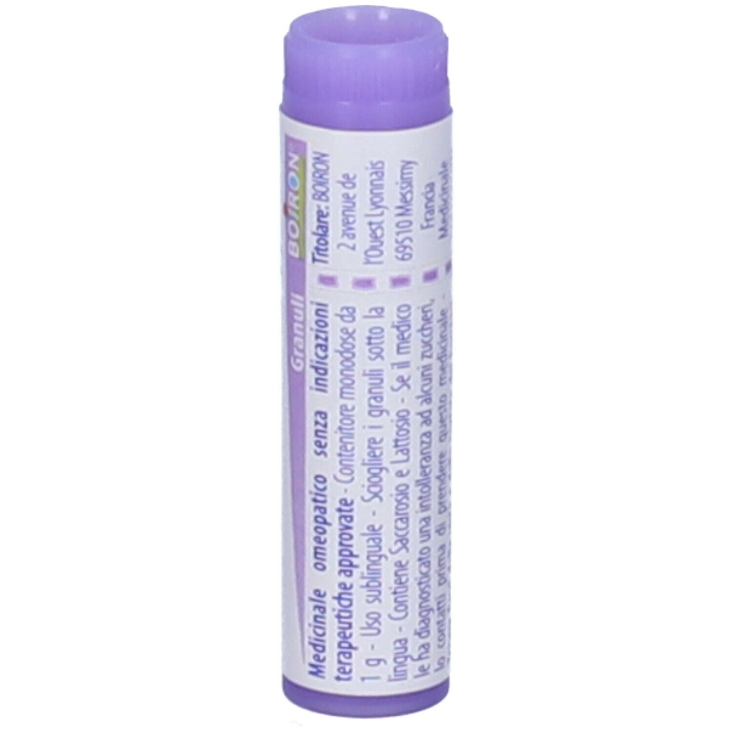 Tubo cilindrico, tappo viola. Scritta: Psorinum 30 ch, BOIRON, Granuli.