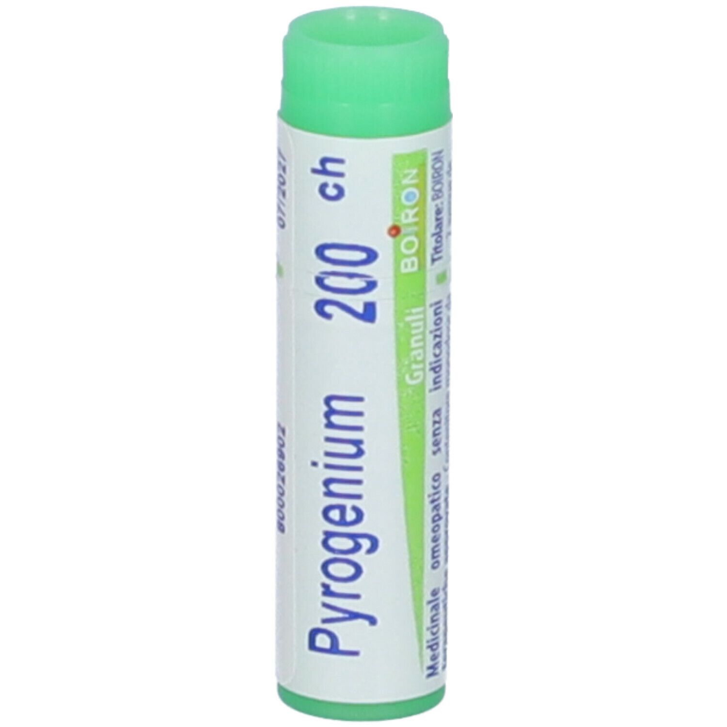 Confezione cilindrica con tappo verde. Scritta: Pyrogenium 200 ch, Granuli, BOIRON.