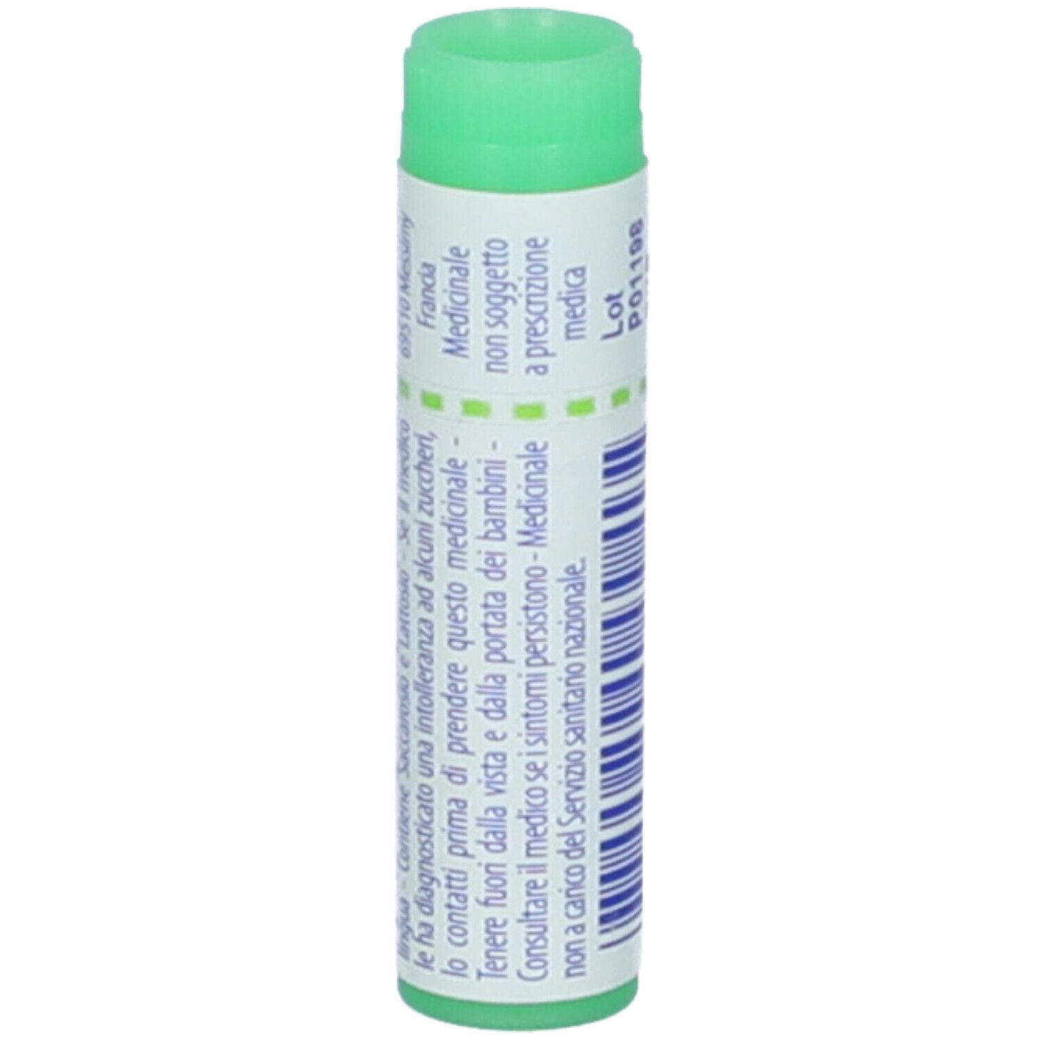 Confezione cilindrica con tappo verde. Scritta: Pyrogenium 200 ch, Granuli, BOIRON.