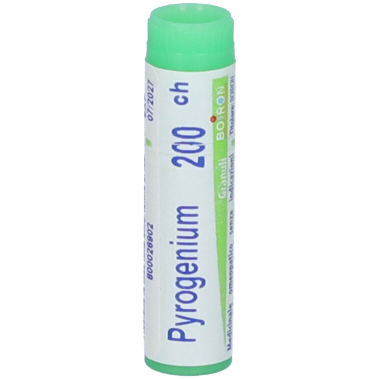 Confezione cilindrica con tappo verde. Scritta: Pyrogenium 200 ch, Granuli, BOIRON.