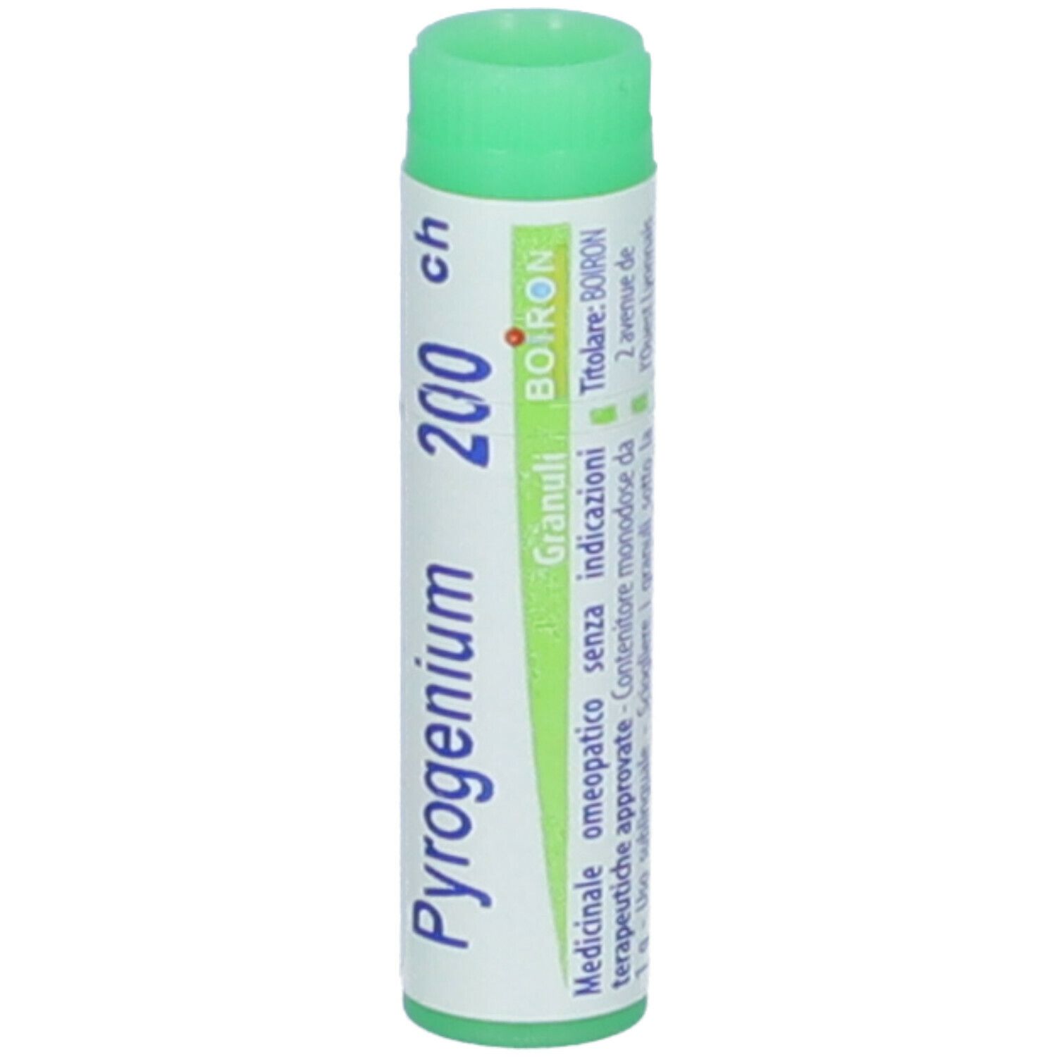 Confezione cilindrica con tappo verde. Scritta: Pyrogenium 200 ch, Granuli, BOIRON.
