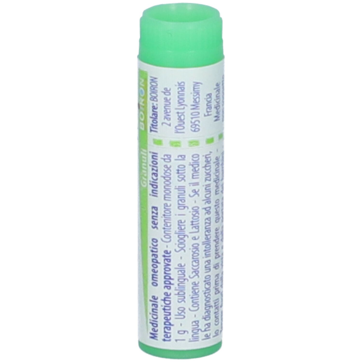 Confezione cilindrica con tappo verde. Scritta: Pyrogenium 200 ch, Granuli, BOIRON.