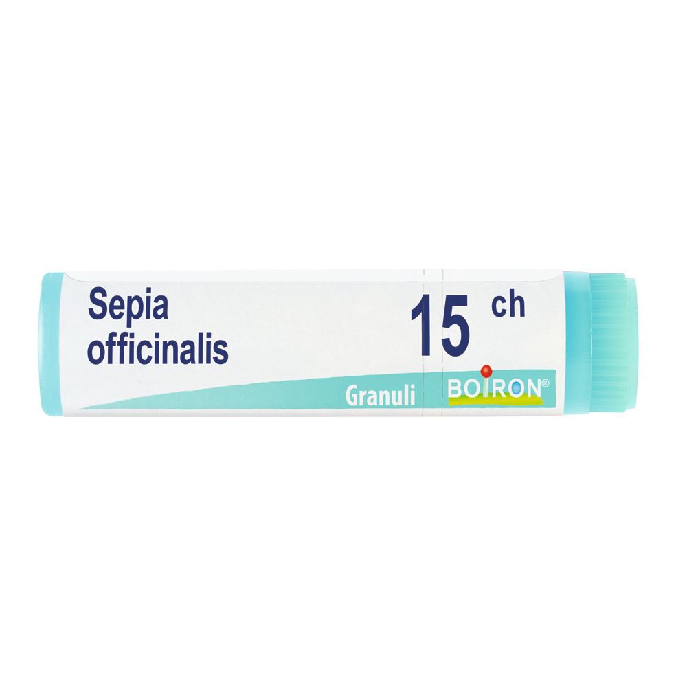 Confezione cilindrica con tappo blu. Scritta: Sepia officinalis 15 ch, Granuli, BOIRON.