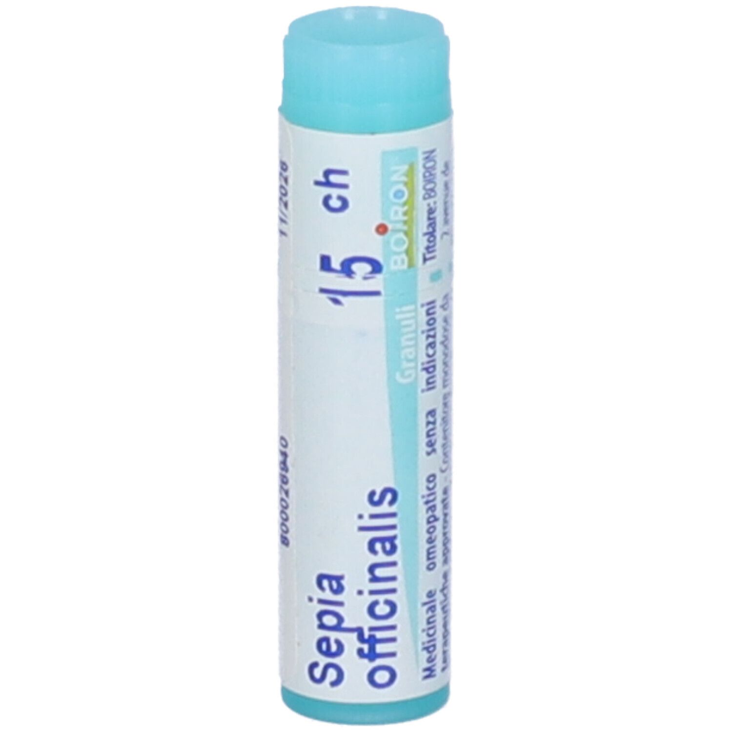 Confezione cilindrica, tappo blu. Scritta: Sepia officinalis 15 ch, BOIRON, Granuli. Scadenza 11/2026.