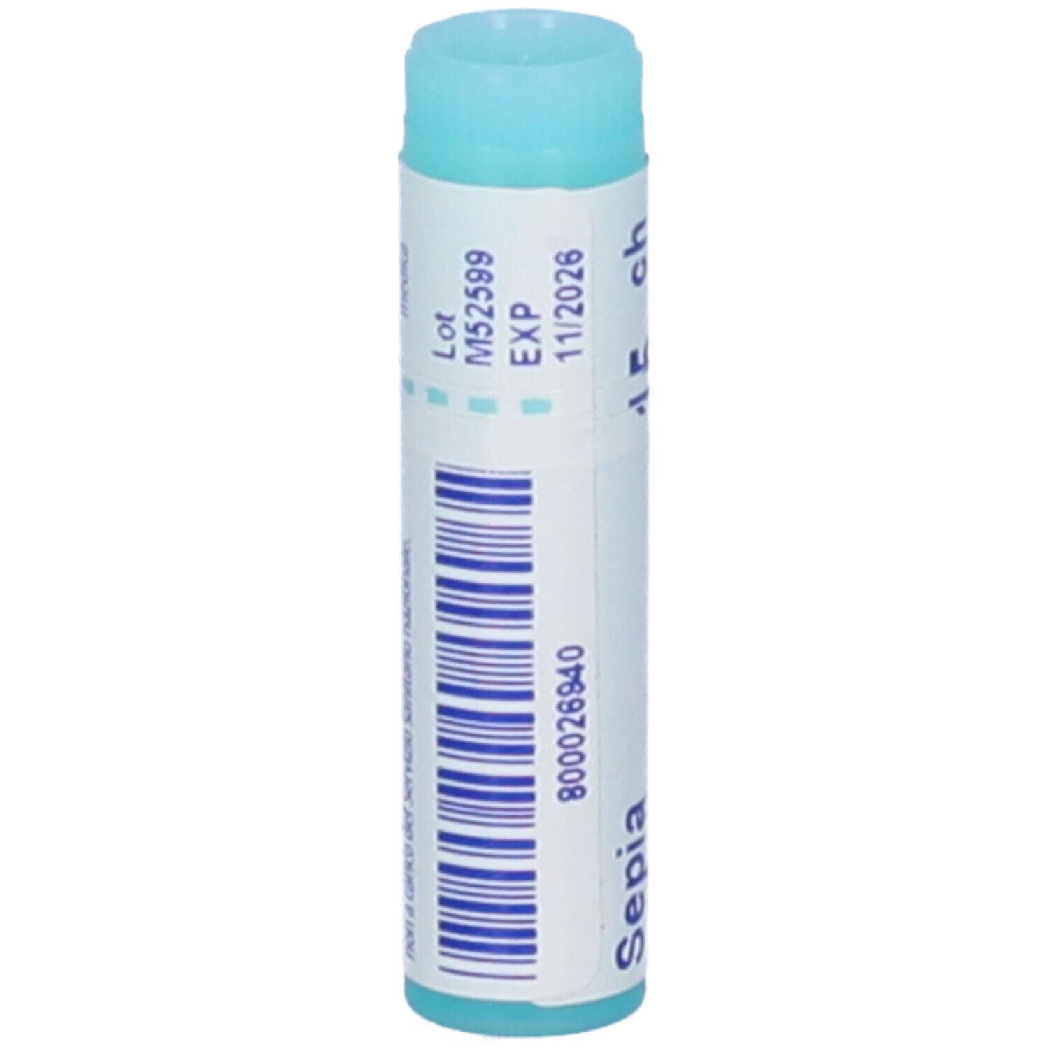Confezione cilindrica, tappo blu. Scritta: Sepia officinalis 15 ch, BOIRON, Granuli. Scadenza 11/2026.
