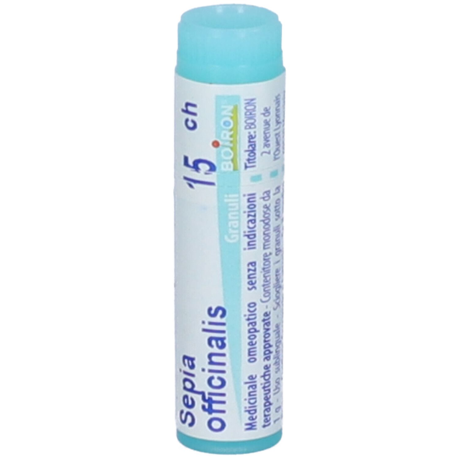 Confezione cilindrica, tappo blu. Scritta: Sepia officinalis 15 ch, BOIRON, Granuli.