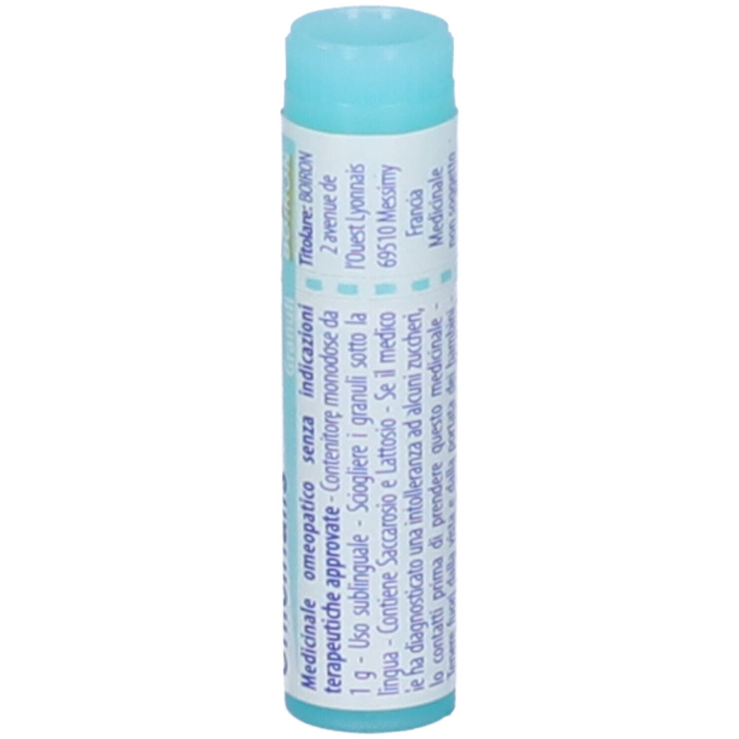 Confezione cilindrica, tappo blu. Scritta: Sepia officinalis 15 ch, BOIRON, Granuli.
