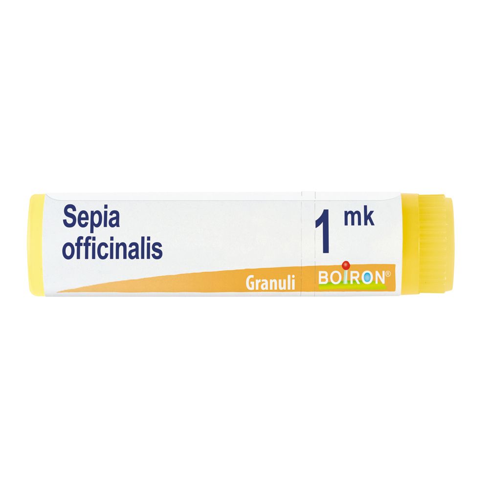 Tubo di globuli con tappi gialli. Scritta: Sepia officinalis, 1 mk, Boiron. Striscia arancione con Granuli.