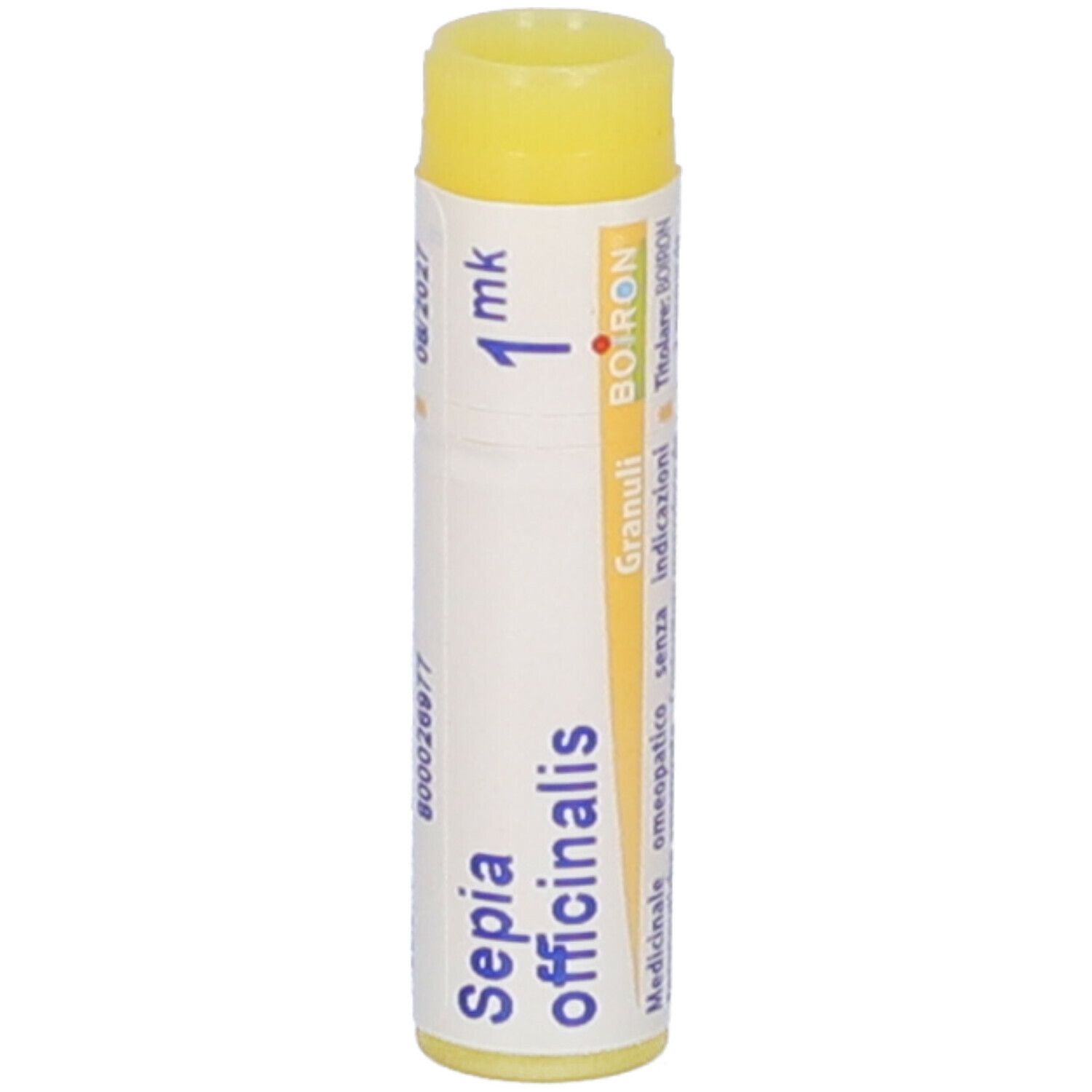 Tubo di globuli cilindrico con coperchio giallo. Scritta: Sepia officinalis, 1 mk, Boiron. Stampe in italiano.