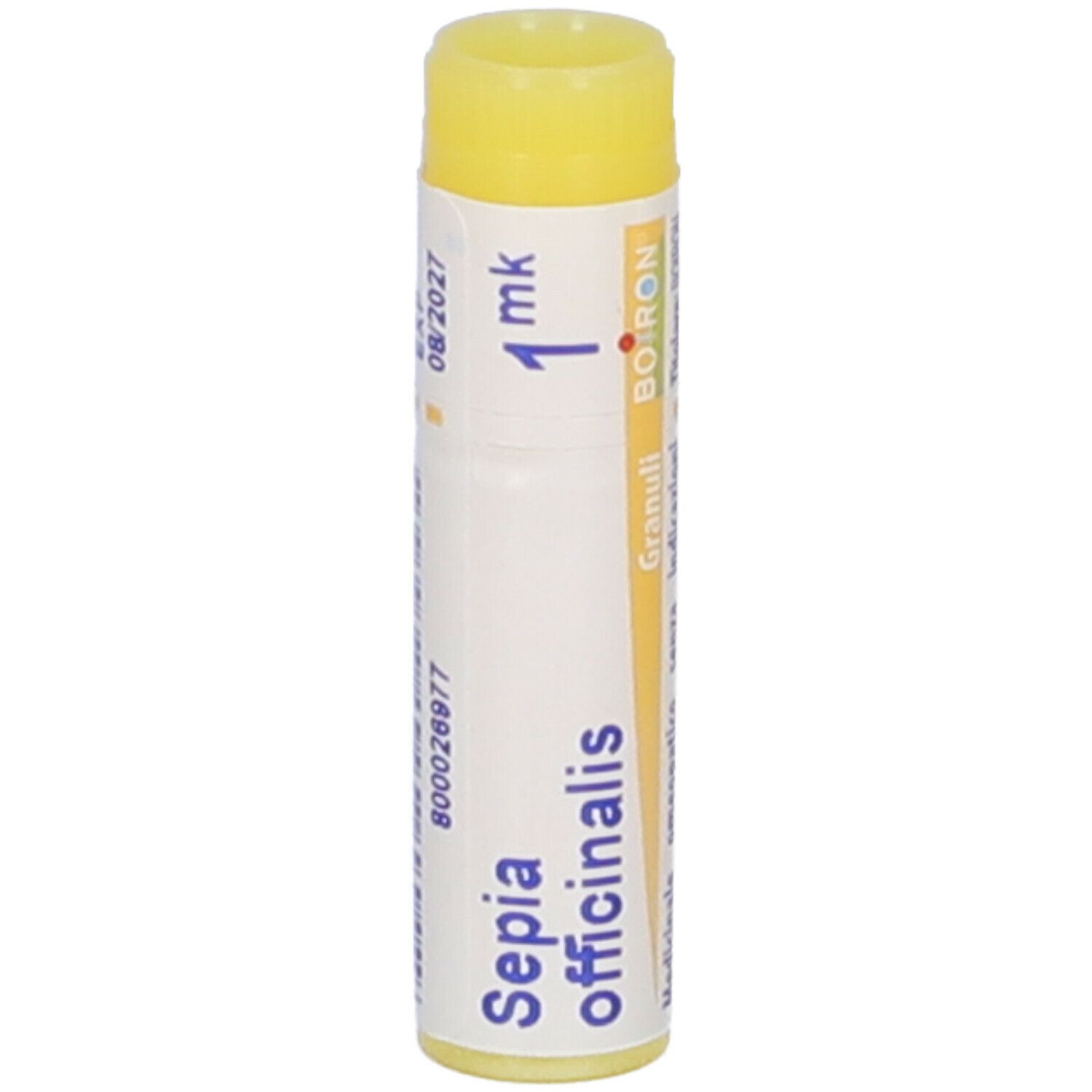 Tubo di globuli cilindrico con coperchio giallo. Scritta: Sepia officinalis, 1 mk, Boiron. Stampe in italiano.