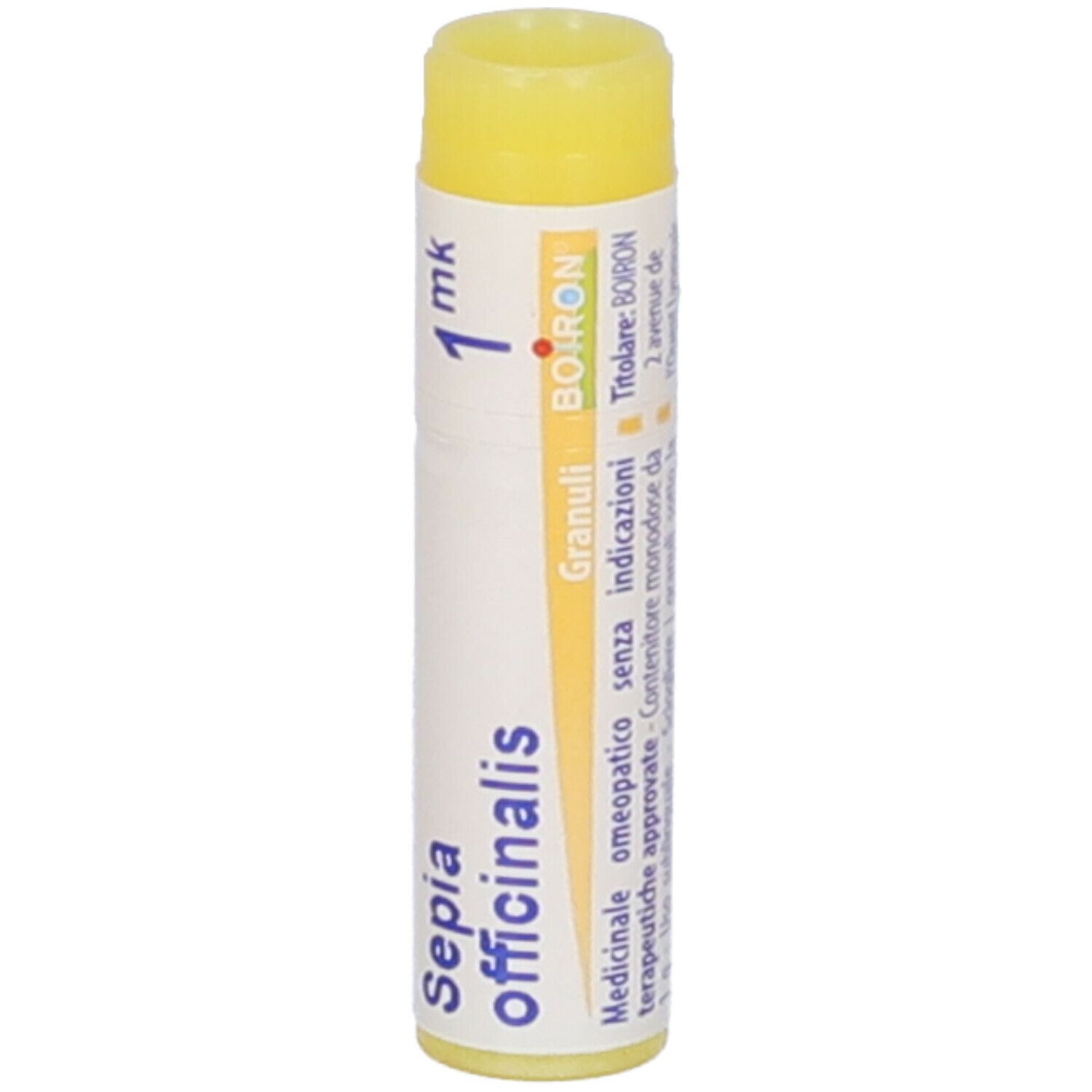Tubo di globuli cilindrico con coperchio giallo. Scritta: Sepia officinalis, 1 mk, Boiron. Stampe in italiano.