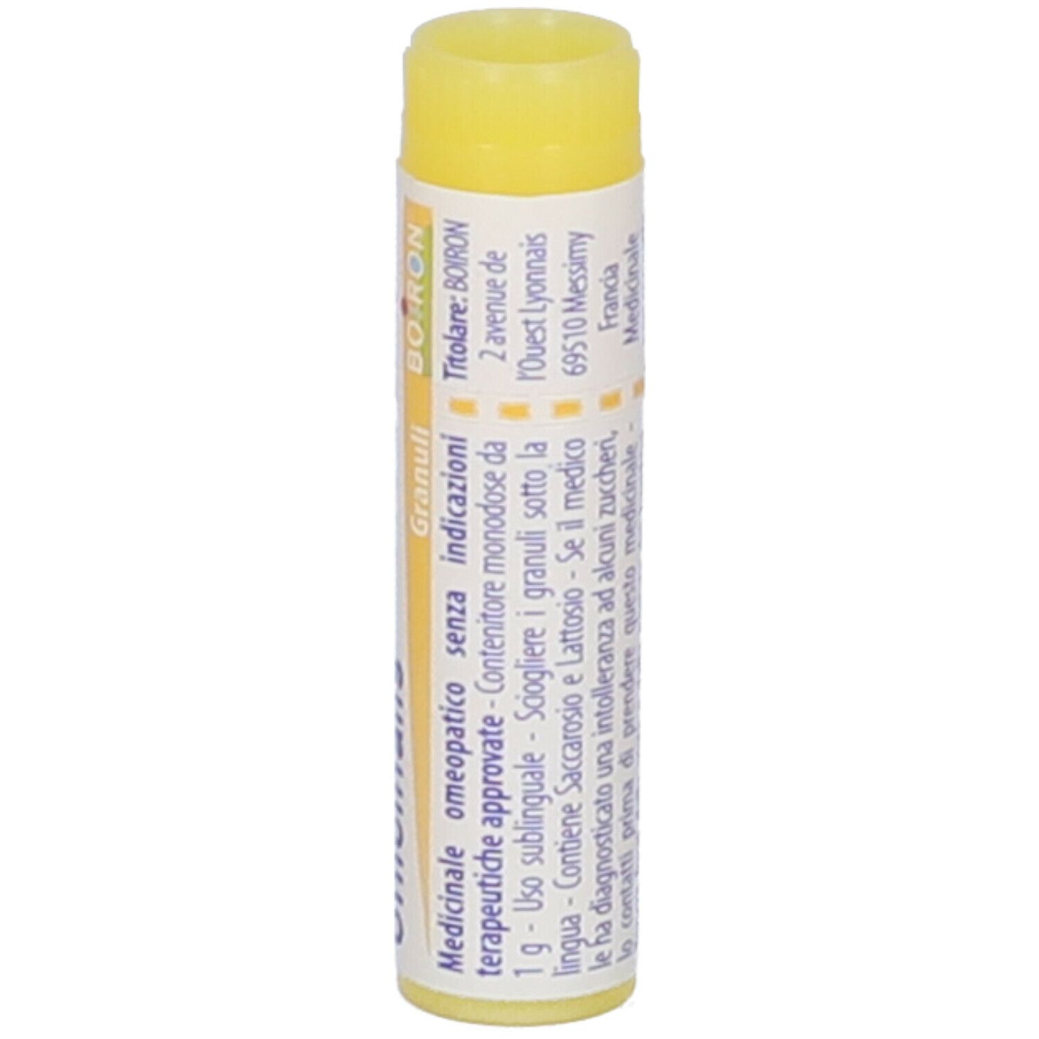 Tubo di globuli cilindrico con coperchio giallo. Scritta: Sepia officinalis, 1 mk, Boiron. Stampe in francese.