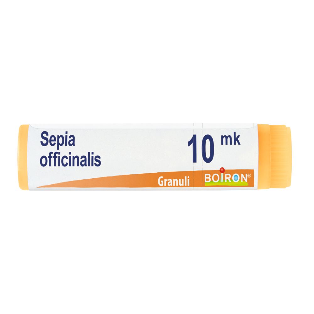 Confezione cilindrica di Sepia officinalis 10 mk Globuli. Estremità arancioni, parte centrale bianca con testo e logo BOIRON.