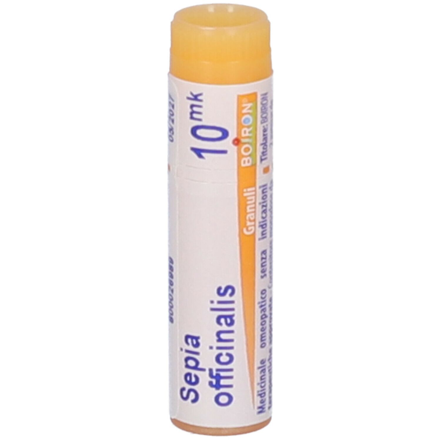 Confezione cilindrica di Sepia officinalis 10 mk Globuli. Tappo arancione, corpo bianco con testo e logo BOIRON.