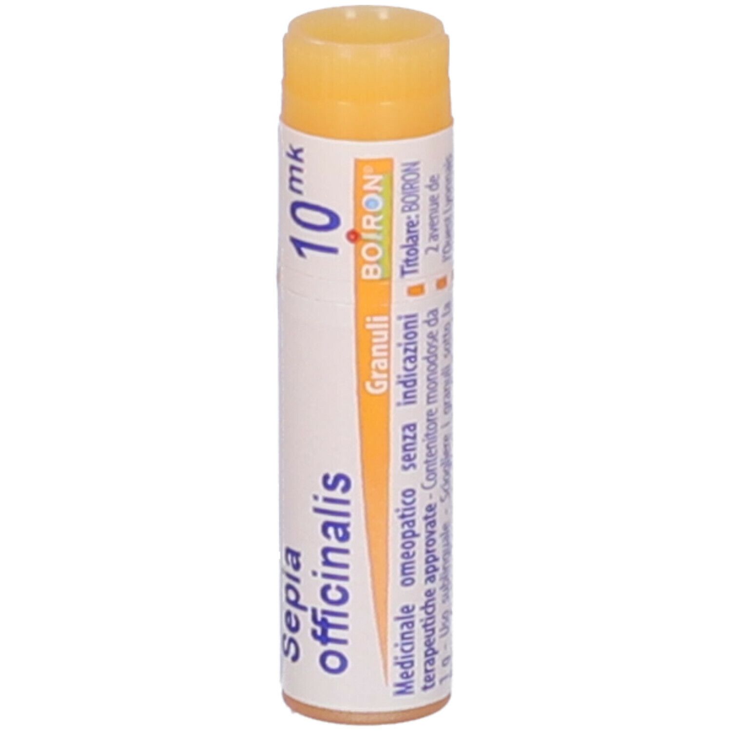 Confezione cilindrica di Sepia officinalis 10 mk Globuli. Tappo arancione, corpo bianco con testo e logo BOIRON.