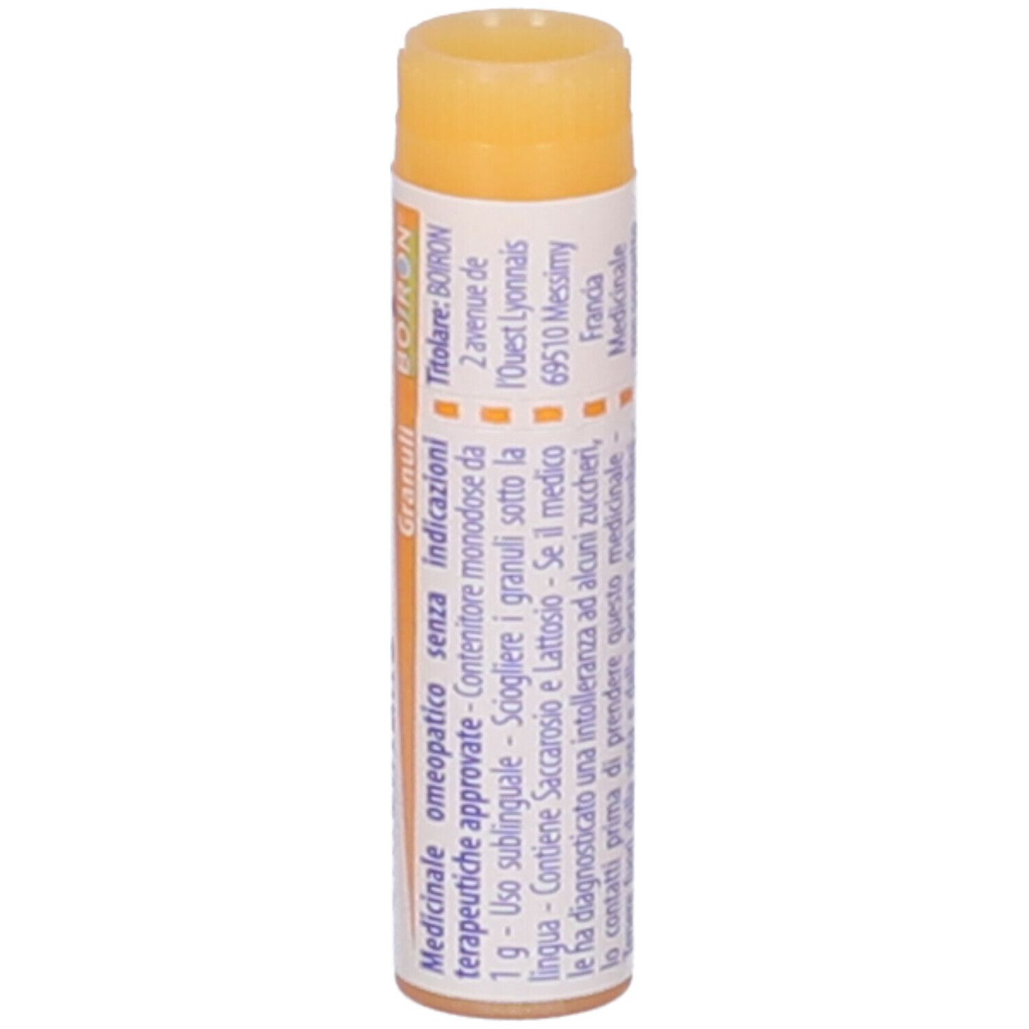 Confezione cilindrica di Sepia officinalis 10 mk Globuli. Tappo arancione, corpo bianco con testo e logo BOIRON.