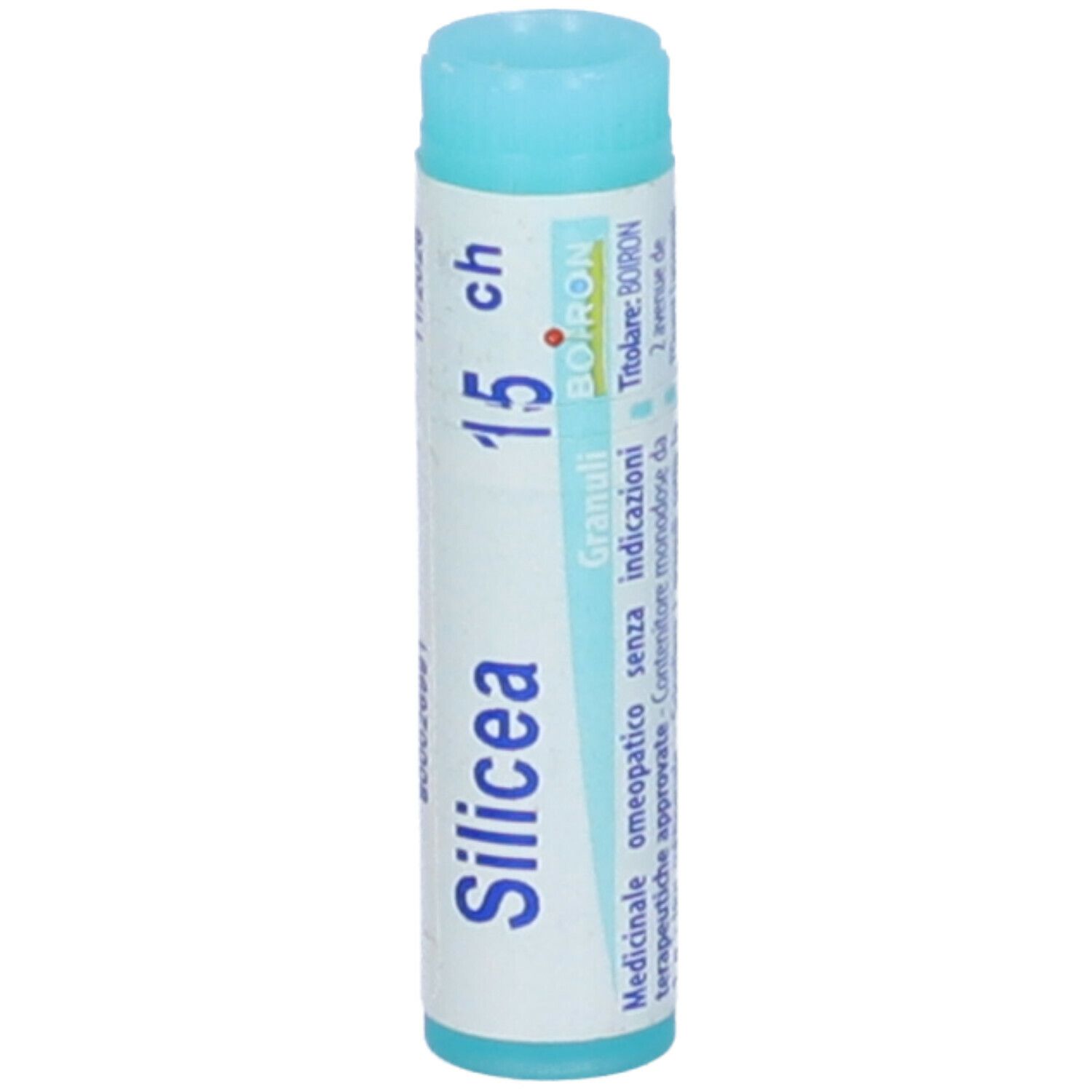 Confezione cilindrica con "Silicea 15 ch" e "BOIRON". Tappo turchese. Testo.