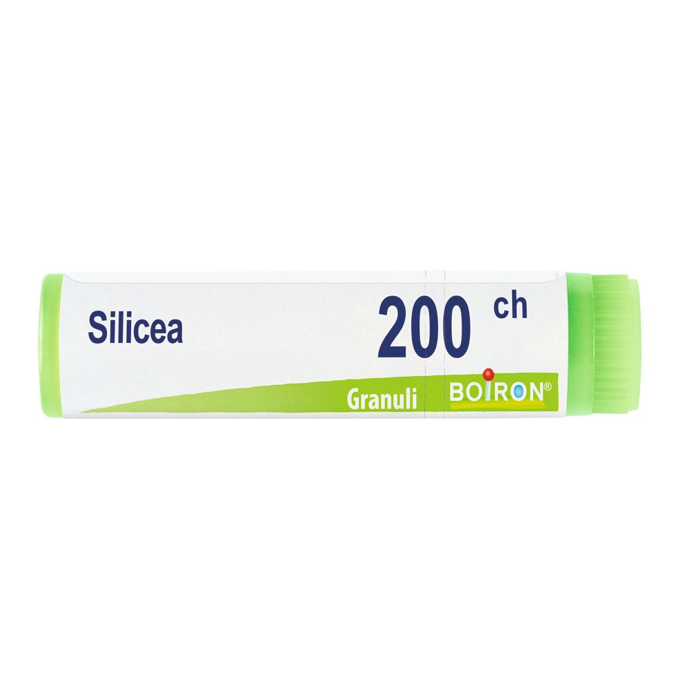 Confezione cilindrica con tappo verde. Scritta: Silicea, 200 ch, Granuli, BOIRON.