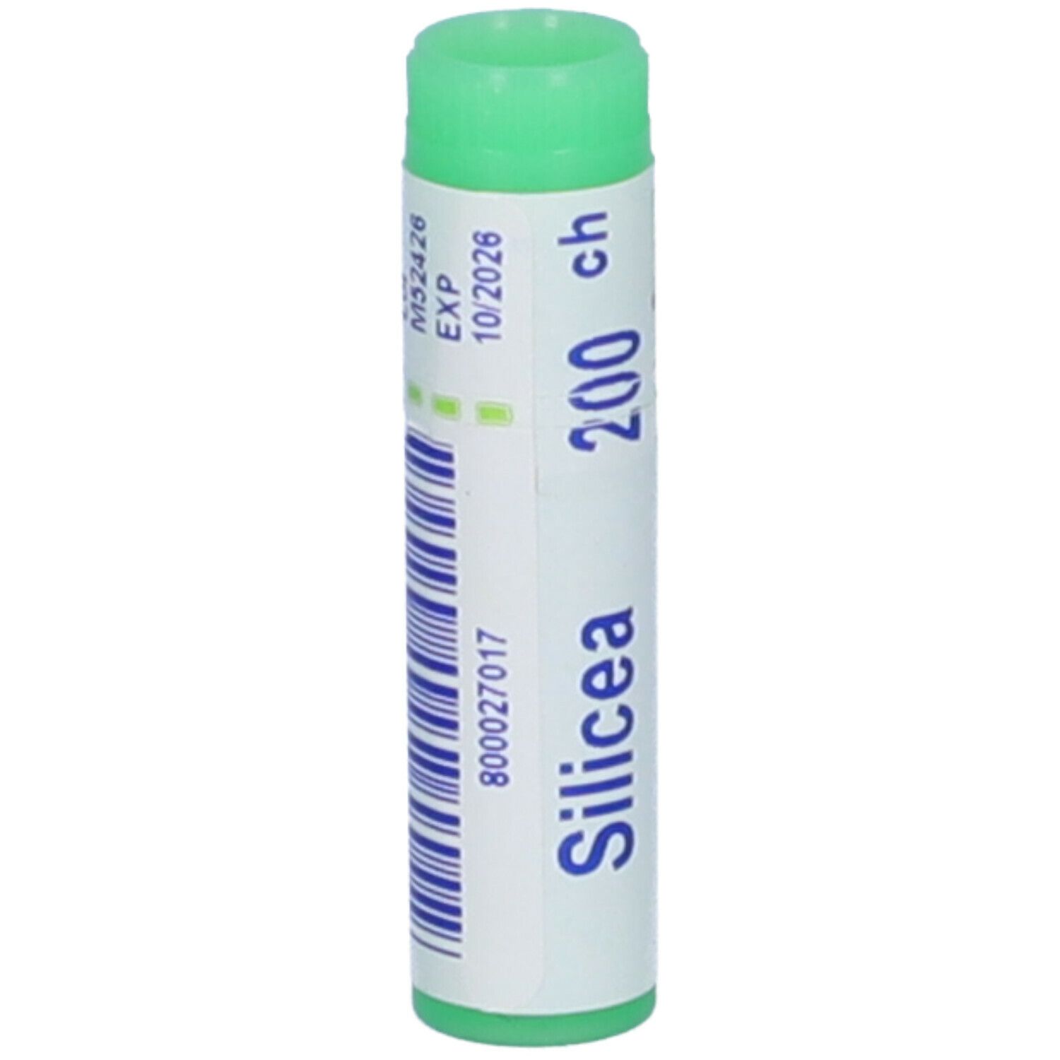 Confezione cilindrica con tappo verde. Scritta: Silicea, 200 ch. Etichetta con numero di lotto e scadenza.