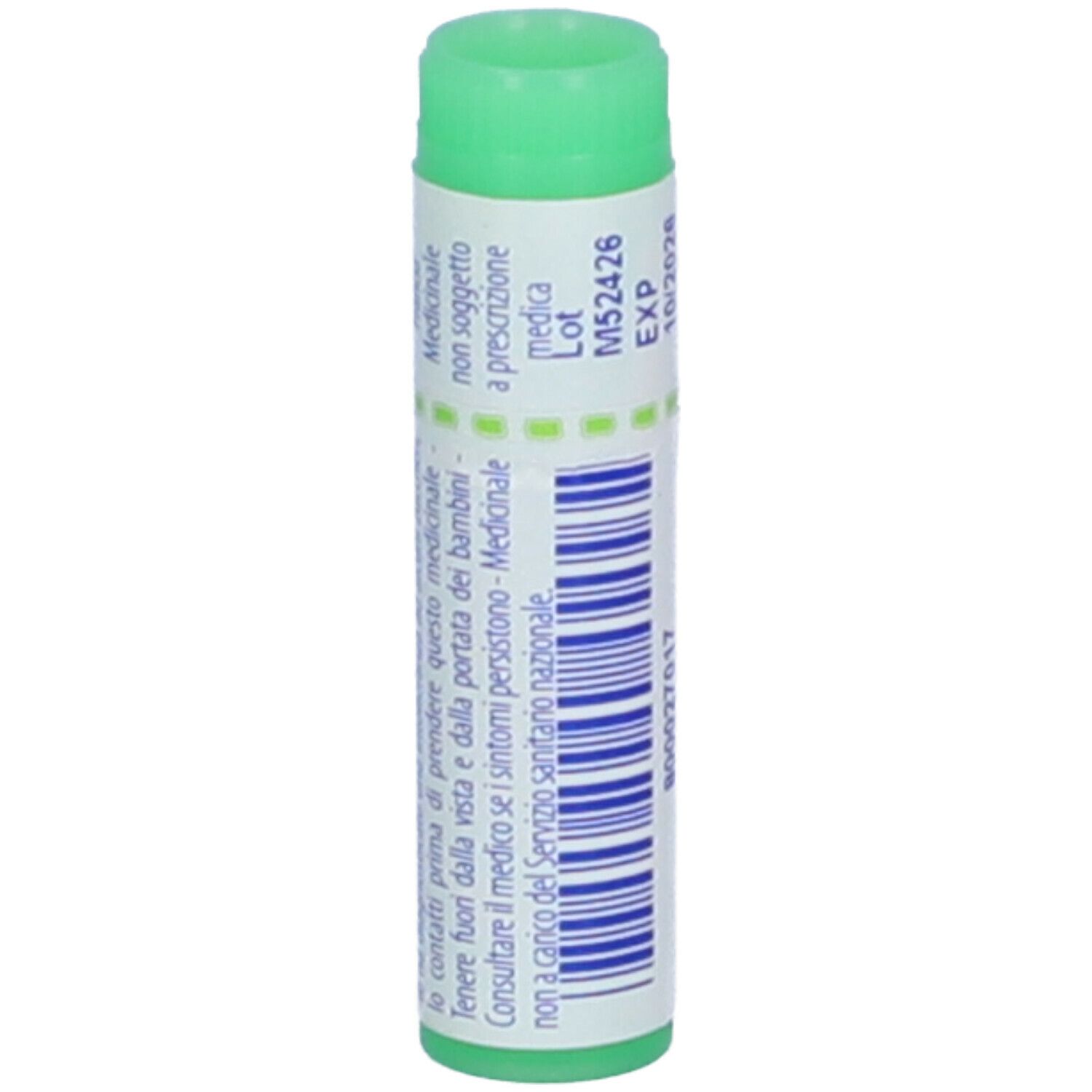 Confezione cilindrica con tappo verde. Etichetta con testo e numero di lotto. Scritta: Silicea, 200 ch.