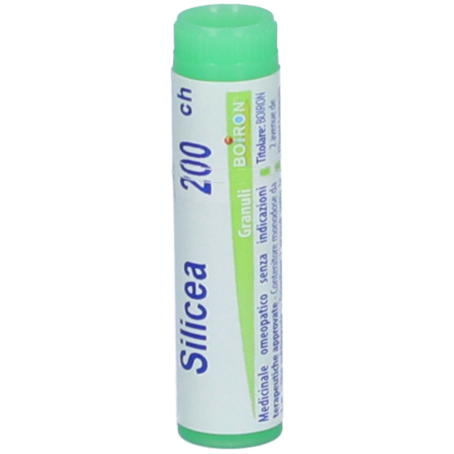 Confezione cilindrica con tappo verde. Scritta: Silicea, 200 ch, Granuli, BOIRON. Etichetta con testo.