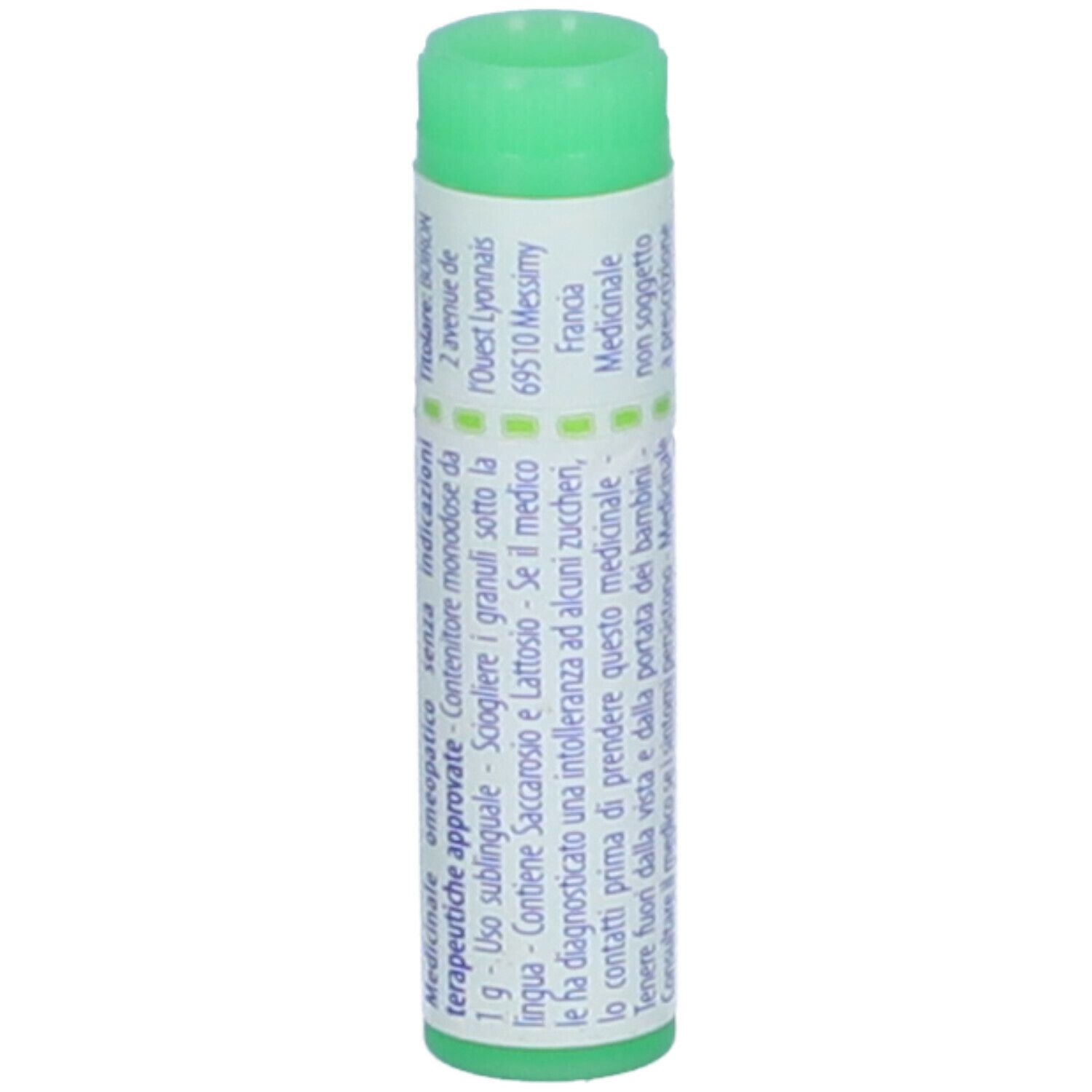 Confezione cilindrica con tappo verde. Scritta: Silicea, 200 ch, Granuli, BOIRON. Etichetta con testo.