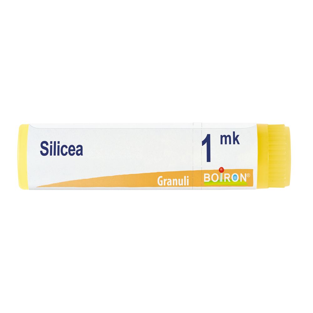 Confezione cilindrica con estremità gialle. Scritta Silicea, 1 mk, Granuli, BOIRON.
