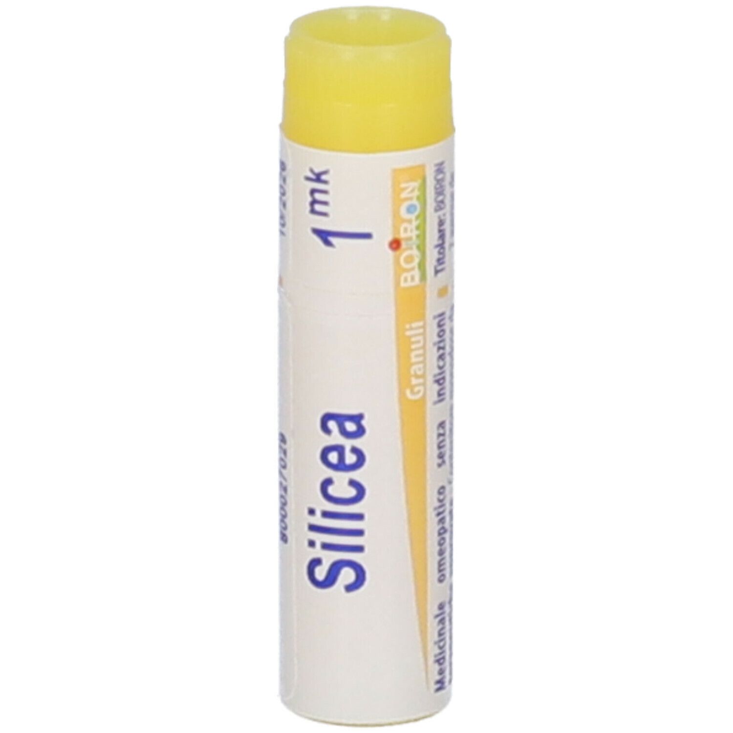Confezione cilindrica, tappo giallo. Scritta Silicea, 1 mk, Granuli. Logo BOIRON.