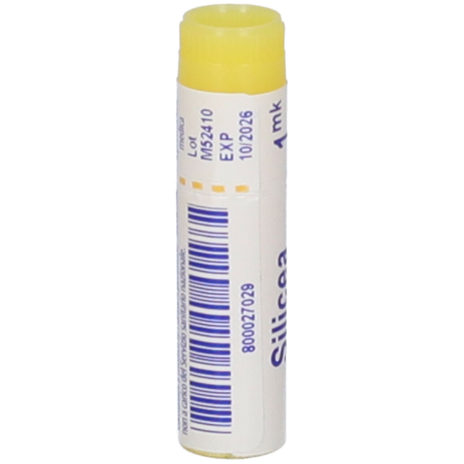 Confezione cilindrica con tappo giallo. Scritta Silicea, 4 mk, e data di scadenza 10/2026.