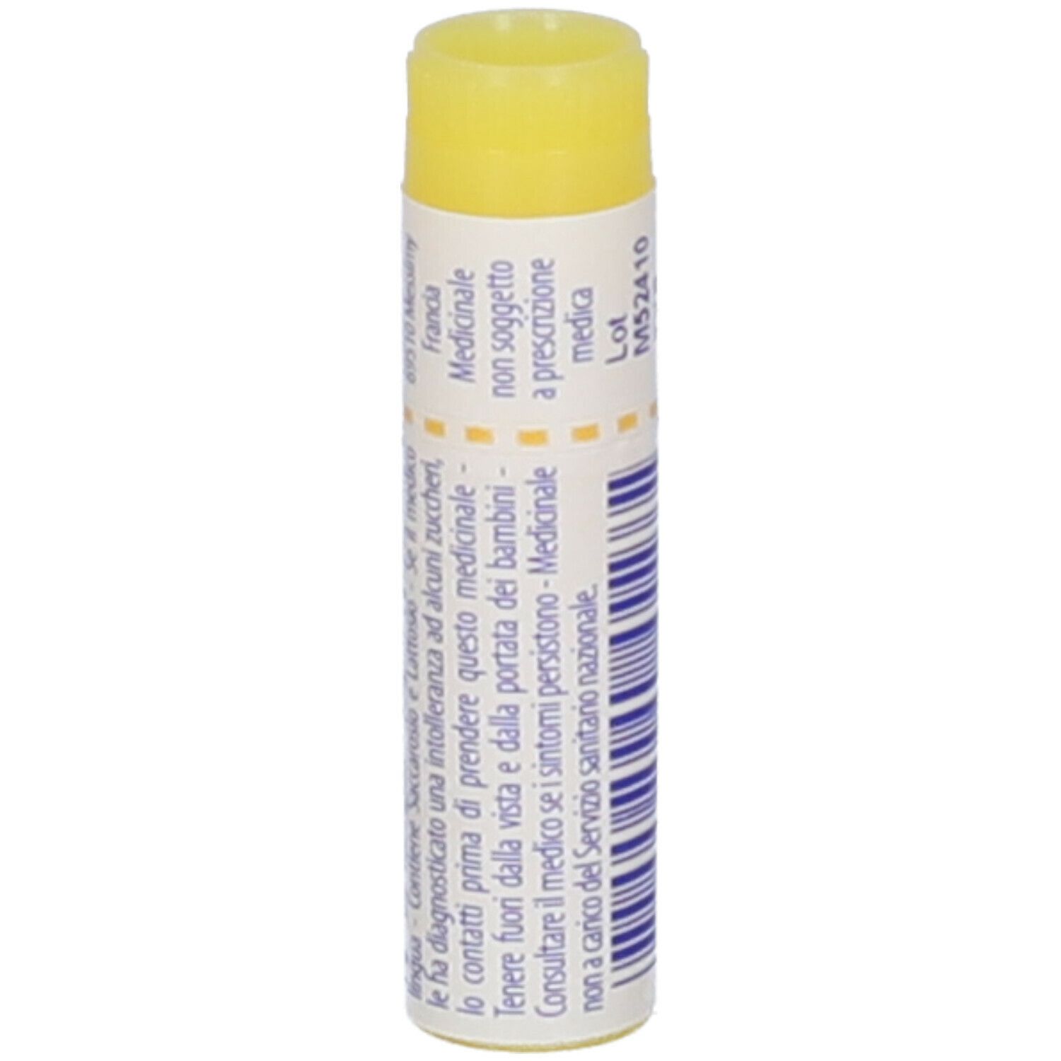 Confezione cilindrica con tappo giallo. Testo: Medicinale non soggetto a prescrizione medica.