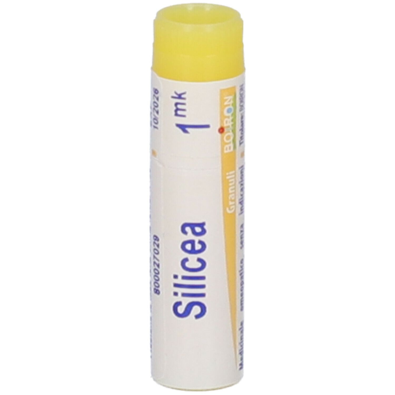 Confezione cilindrica con tappo giallo. Scritta Silicea, 1 mk, e data di scadenza 10/2026.