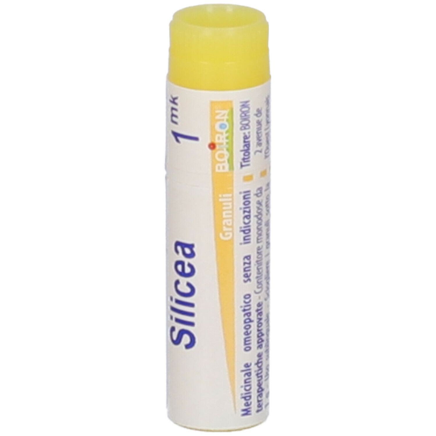 Confezione cilindrica con tappo giallo. Scritta Silicea, 1 mk, logo BOIRON e Granuli.