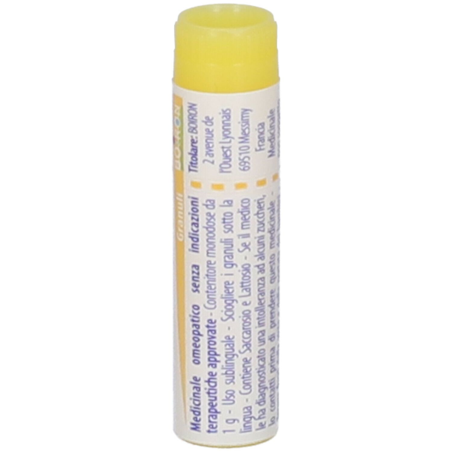 Confezione cilindrica con tappo giallo. Scritta Silicea, 1 mk, logo BOIRON e Granuli.