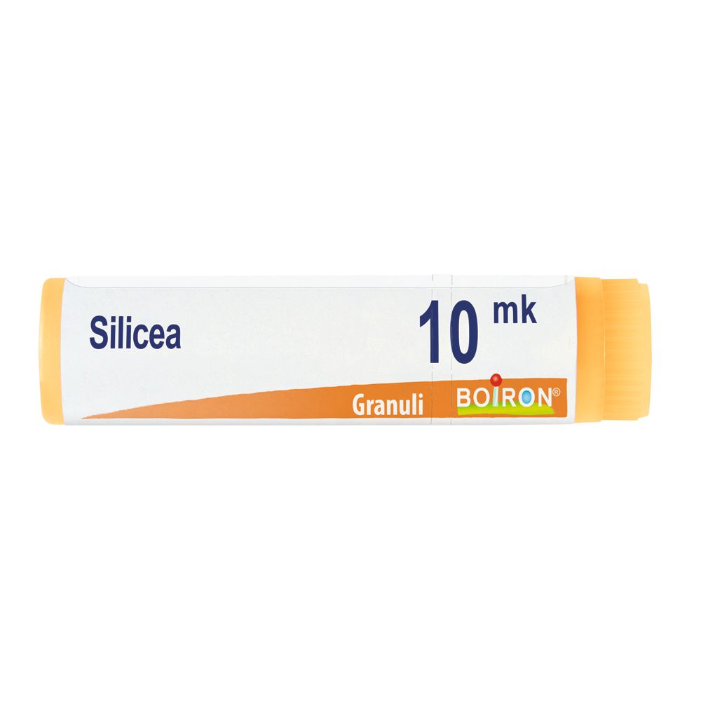Confezione cilindrica di Silicea 10 mk Globuli. Tappo arancione e testo. Logo BOIRON.