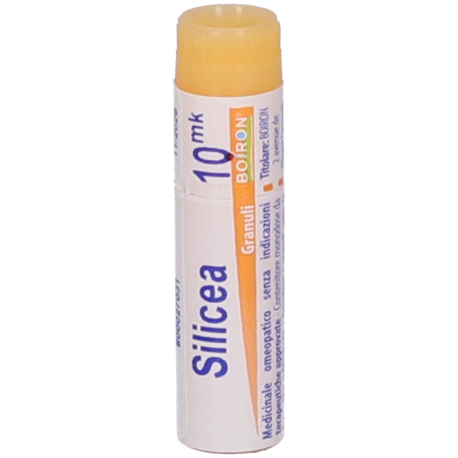 Confezione cilindrica di Silicea 10 mk Globuli. Tappo arancione. Testo e logo BOIRON.