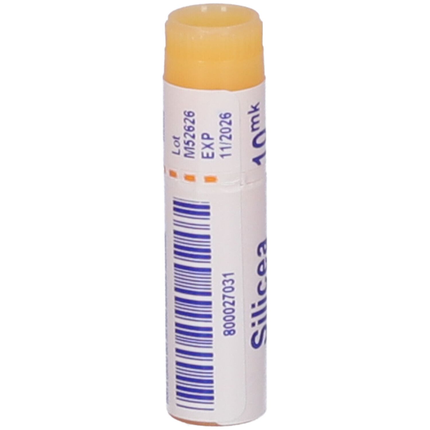 Confezione cilindrica di Silicea 10 mk Globuli. Tappo arancione. Testo e codice a barre.