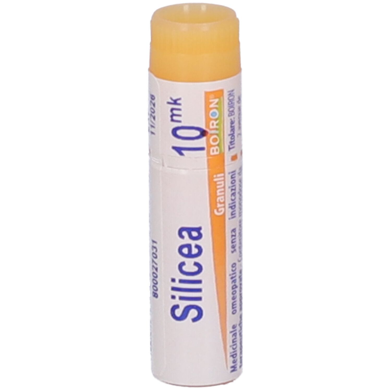 Confezione cilindrica di Silicea 10 mk Globuli. Tappo arancione. Testo e codice a barre.