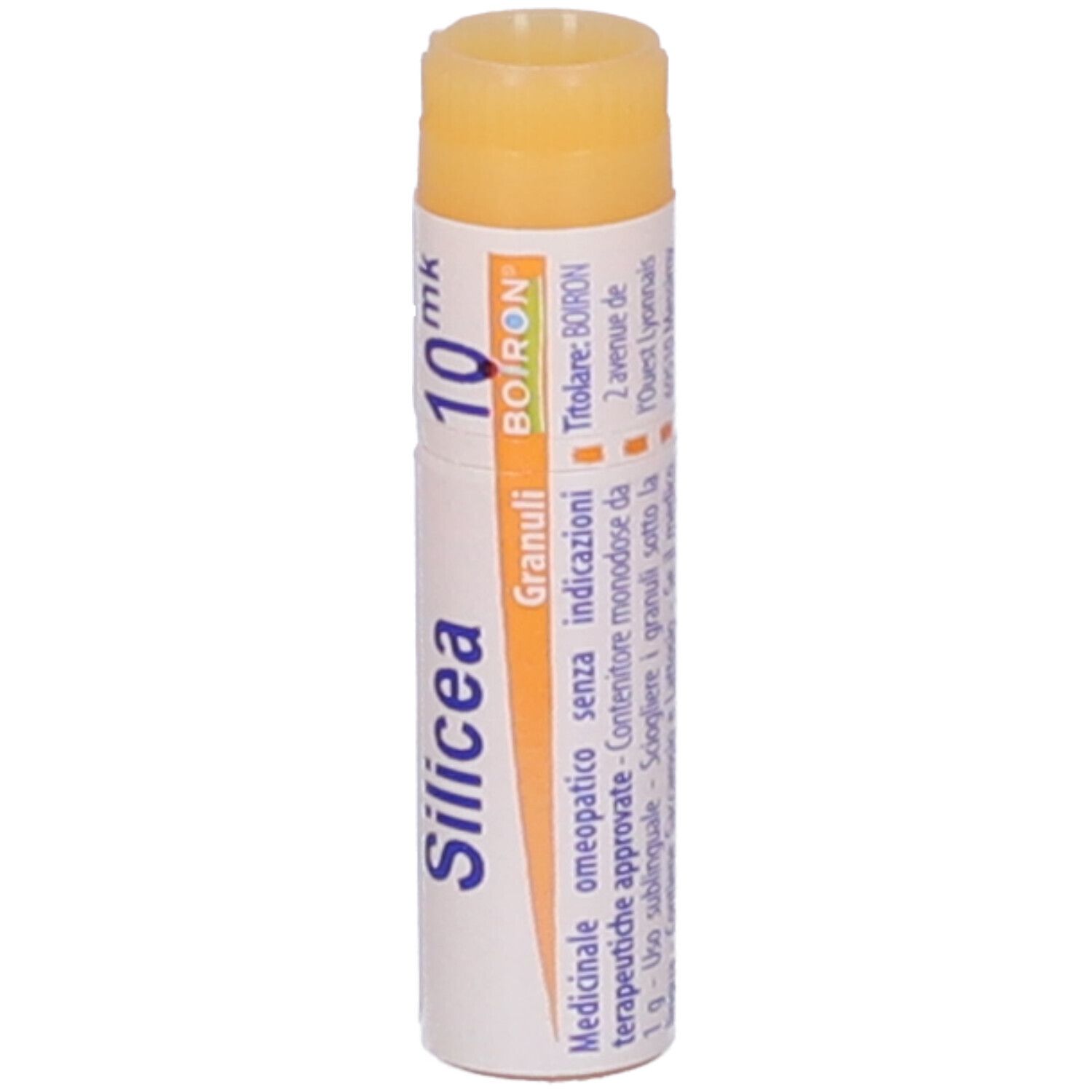 Confezione cilindrica di Silicea 10 mk Globuli. Tappo arancione. Testo e logo BOIRON.