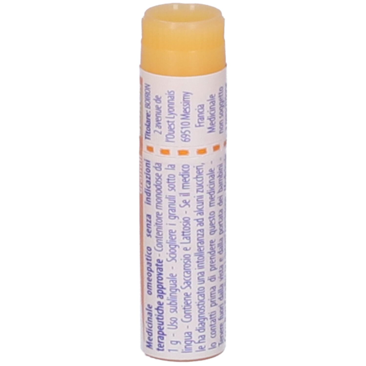 Confezione cilindrica di Silicea 10 mk Globuli. Tappo arancione. Testo e logo BOIRON.