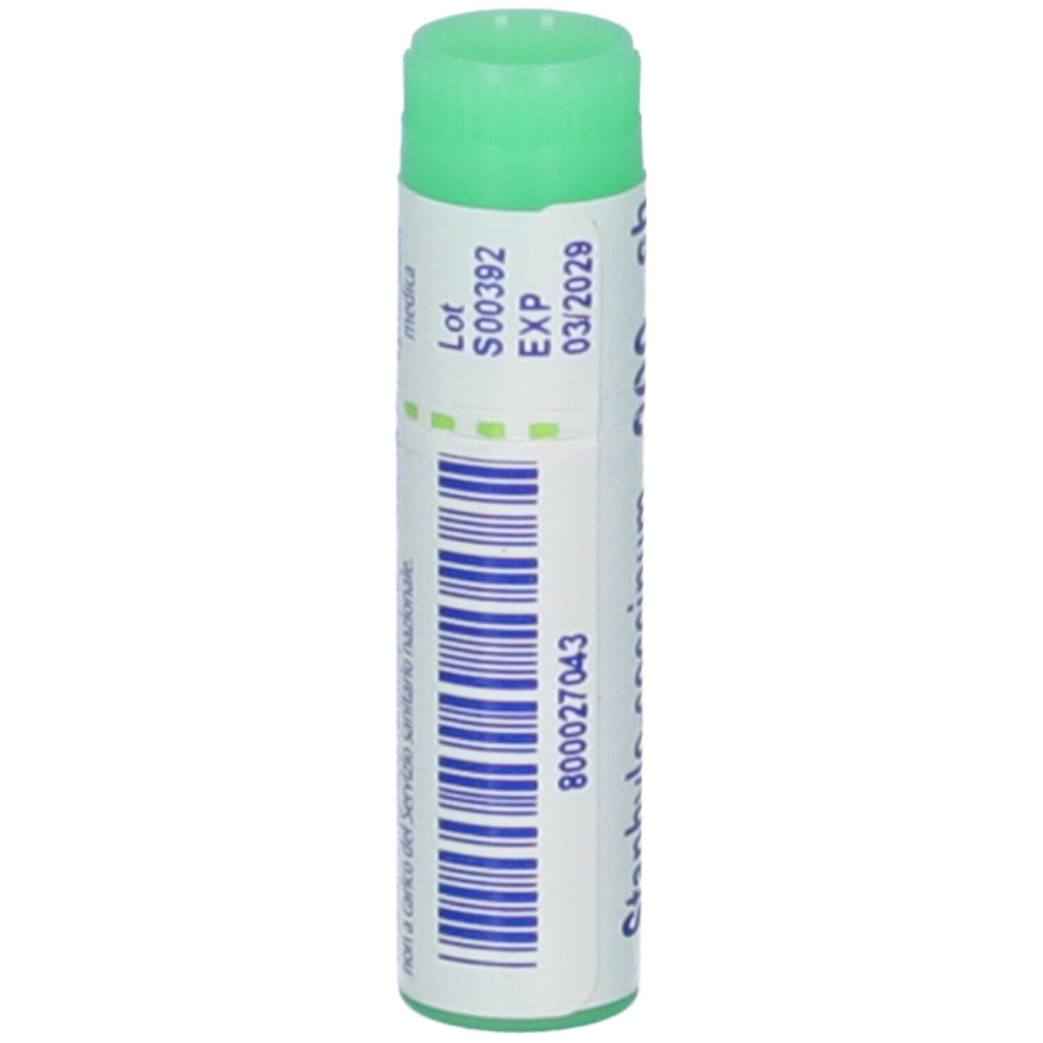 Tubo cilindrico, tappo verde. Codice a barre e testo. Scadenza 03/2029. Scritta: Staphylococcinum.