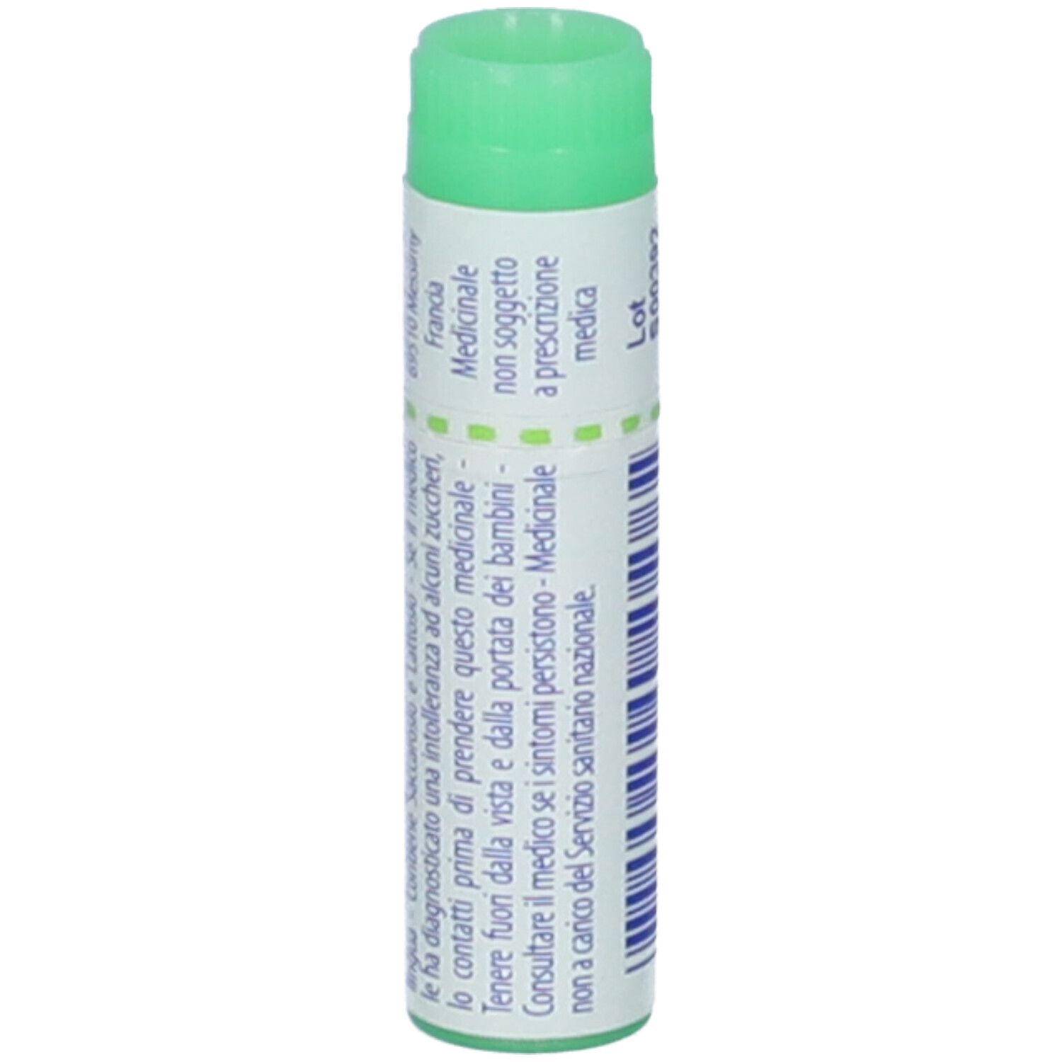 Tubo cilindrico, tappo verde. Testo. Scritta: Staphylococcinum. Medicinale, non soggetto a prescrizione.