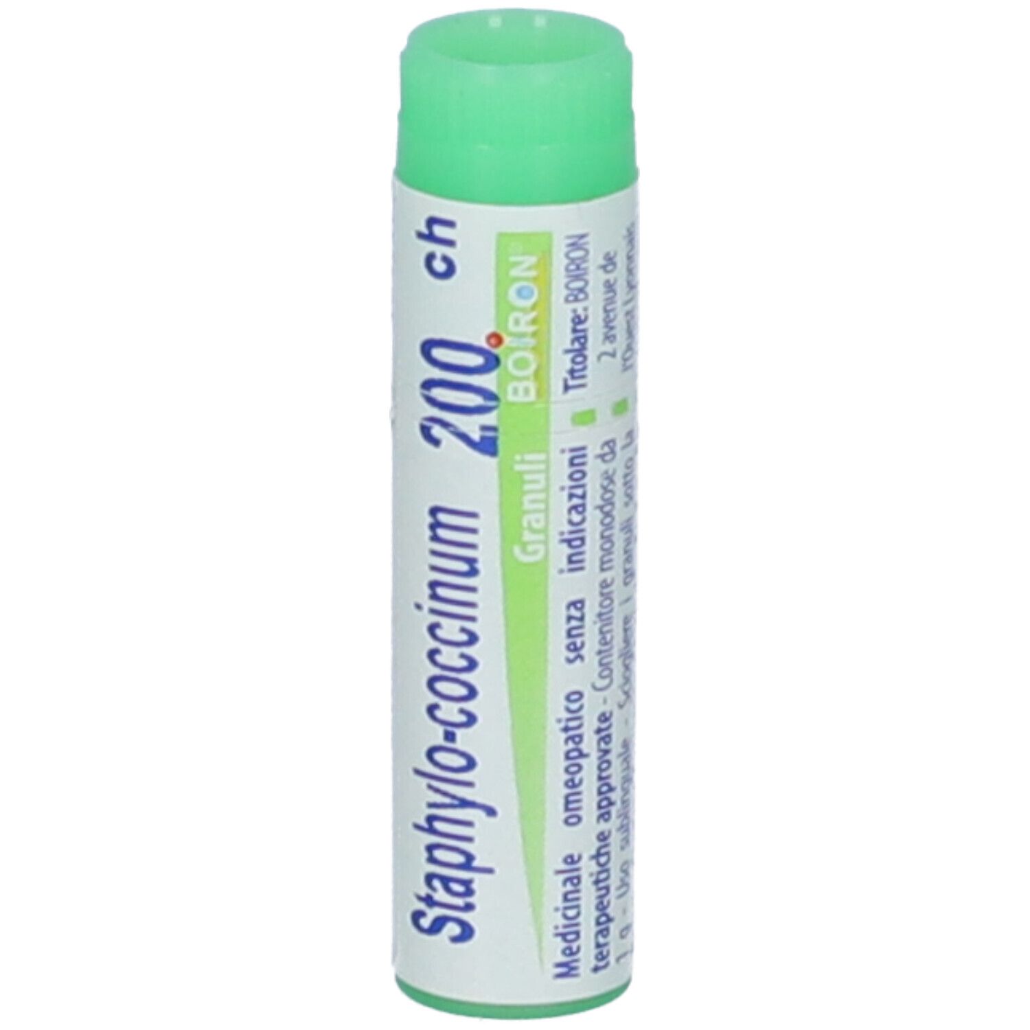 Tubo cilindrico, tappo verde. Scritta: Staphylococcinum 200 ch, Granuli, Boiron. Medicinale.