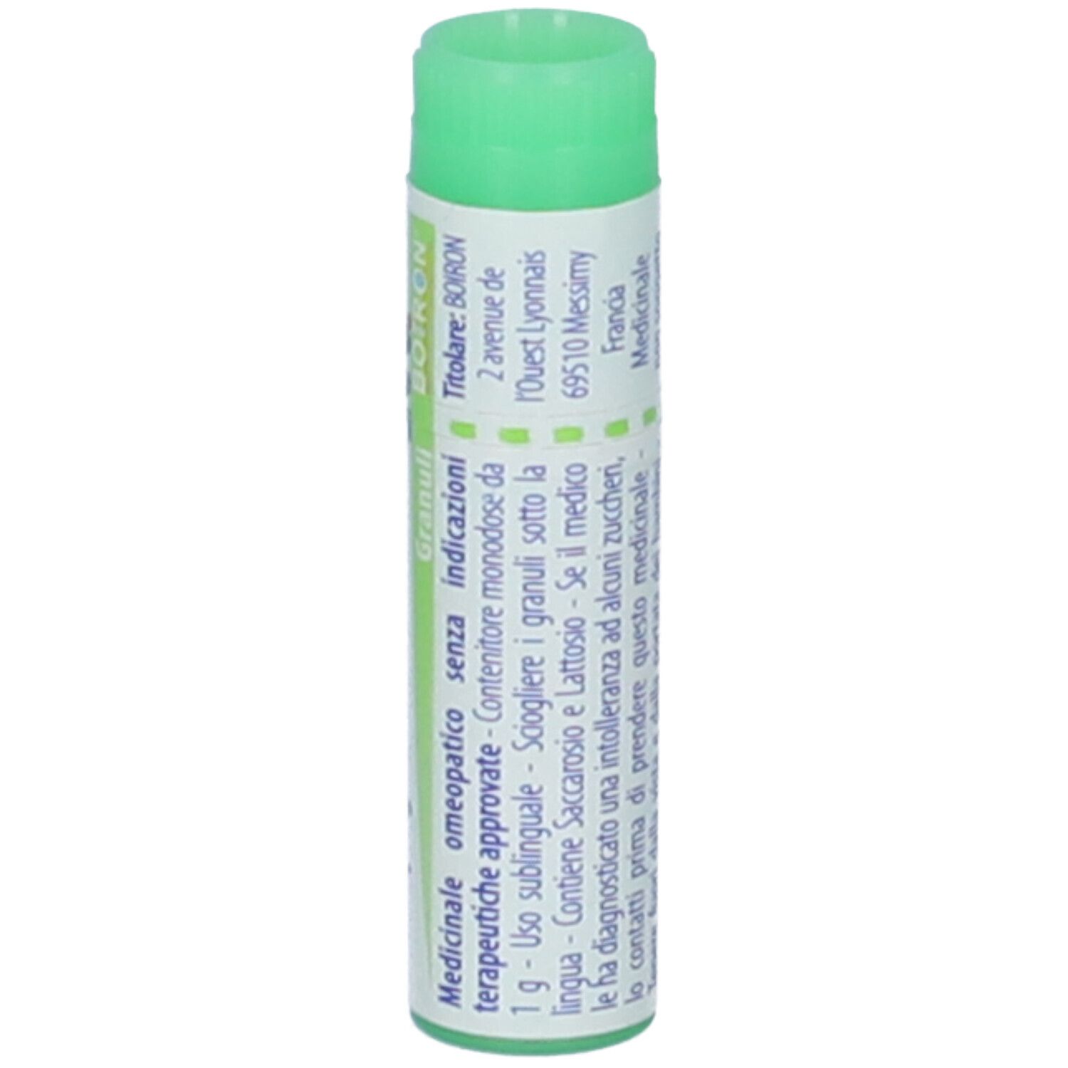 Tubo cilindrico, tappo verde. Scritta: Staphylococcinum 200 ch, Granuli, Boiron. Medicinale. Indirizzo.