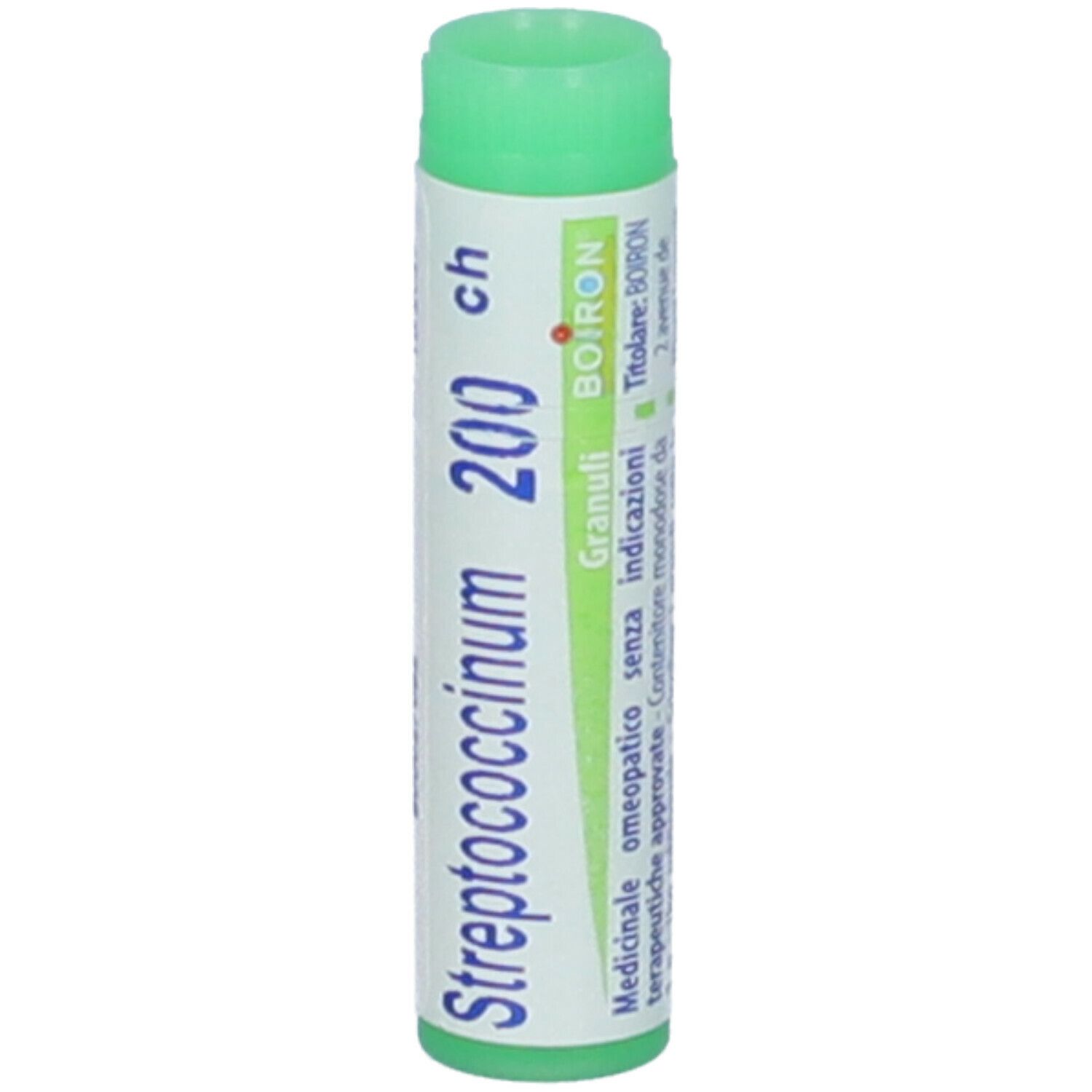 Tubo di globuli cilindrico con tappo verde. Scritta: Streptococcinum 200 ch, BOIRON. Etichetta con informazioni.