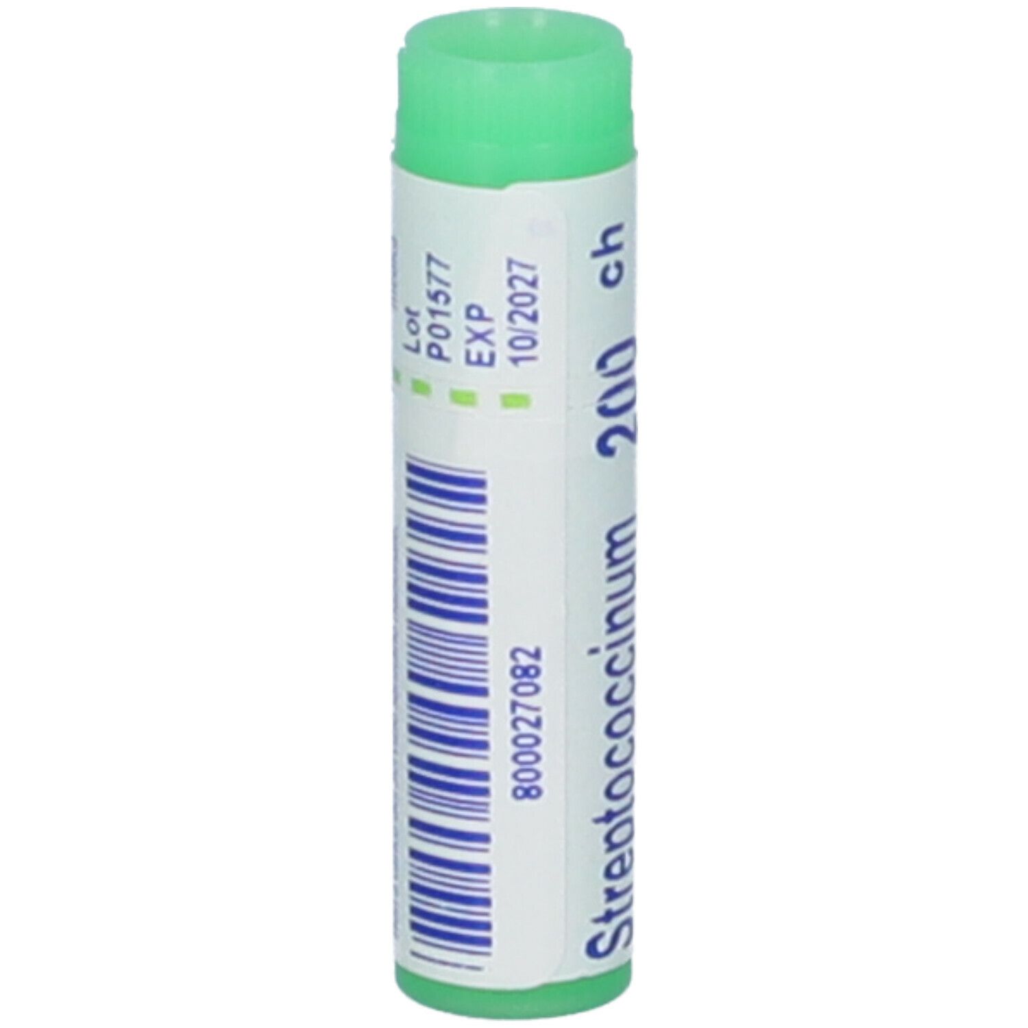 Tubo di globuli cilindrico con tappo verde. Scritta: Streptococcinum 200 ch. Etichetta con numero di lotto e data di scadenza.