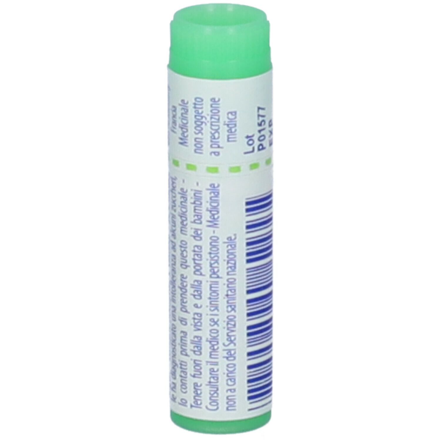 Tubo di globuli con tappo verde. Etichetta con testo e codice a barre. Scritta: Streptococcinum 200 ch.