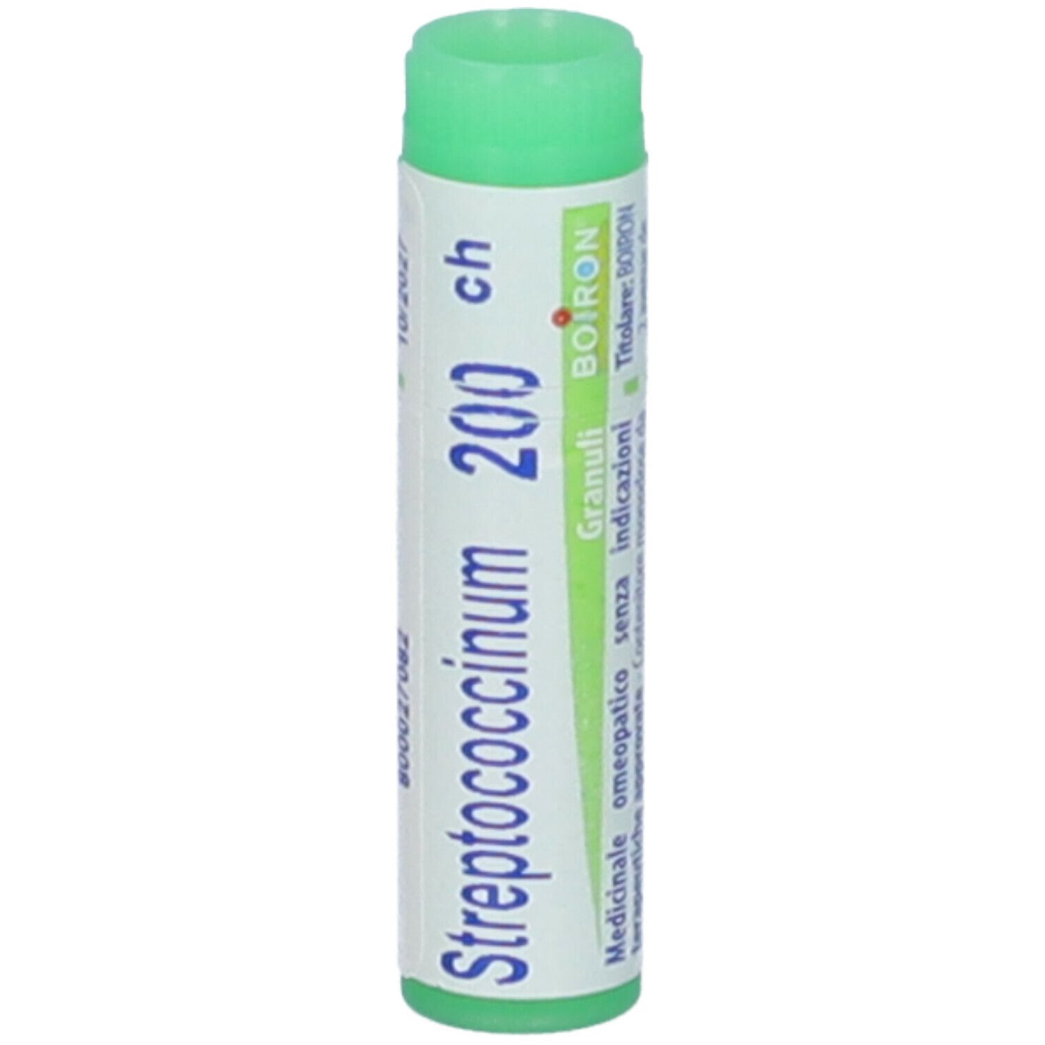 Tubo di globuli cilindrico con tappo verde. Scritta: Streptococcinum 200 ch, BOIRON. Etichetta con informazioni.
