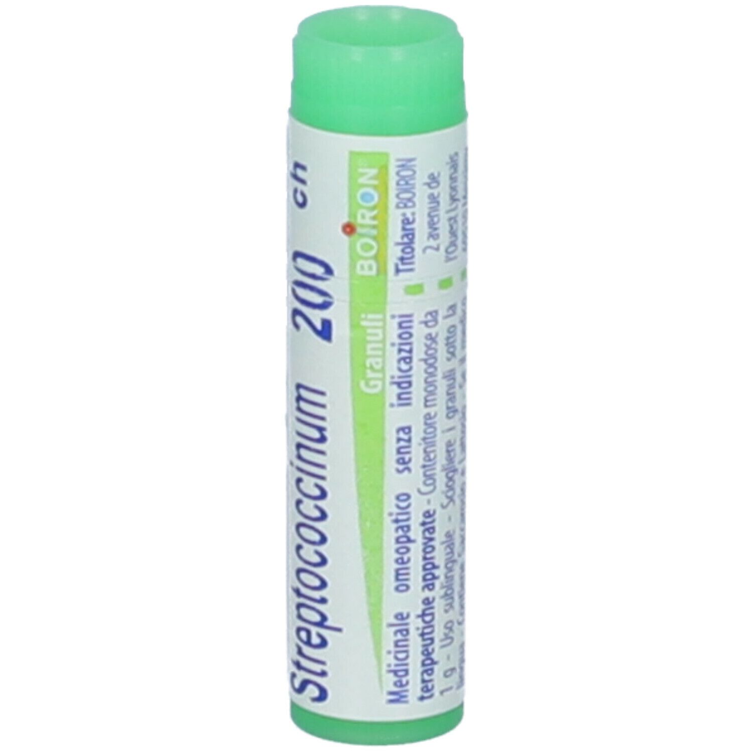 Tubo di globuli con tappo verde. Scritta: Streptococcinum 200 ch, BOIRON. Etichetta con informazioni e indirizzo.